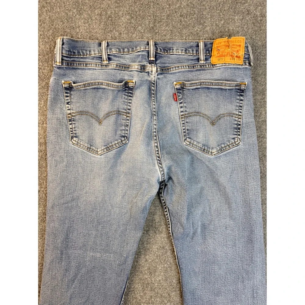 Levis 505 Mens 38x30 Light Wash Blue Regular Fit Straight Leg Denim Jean Distres